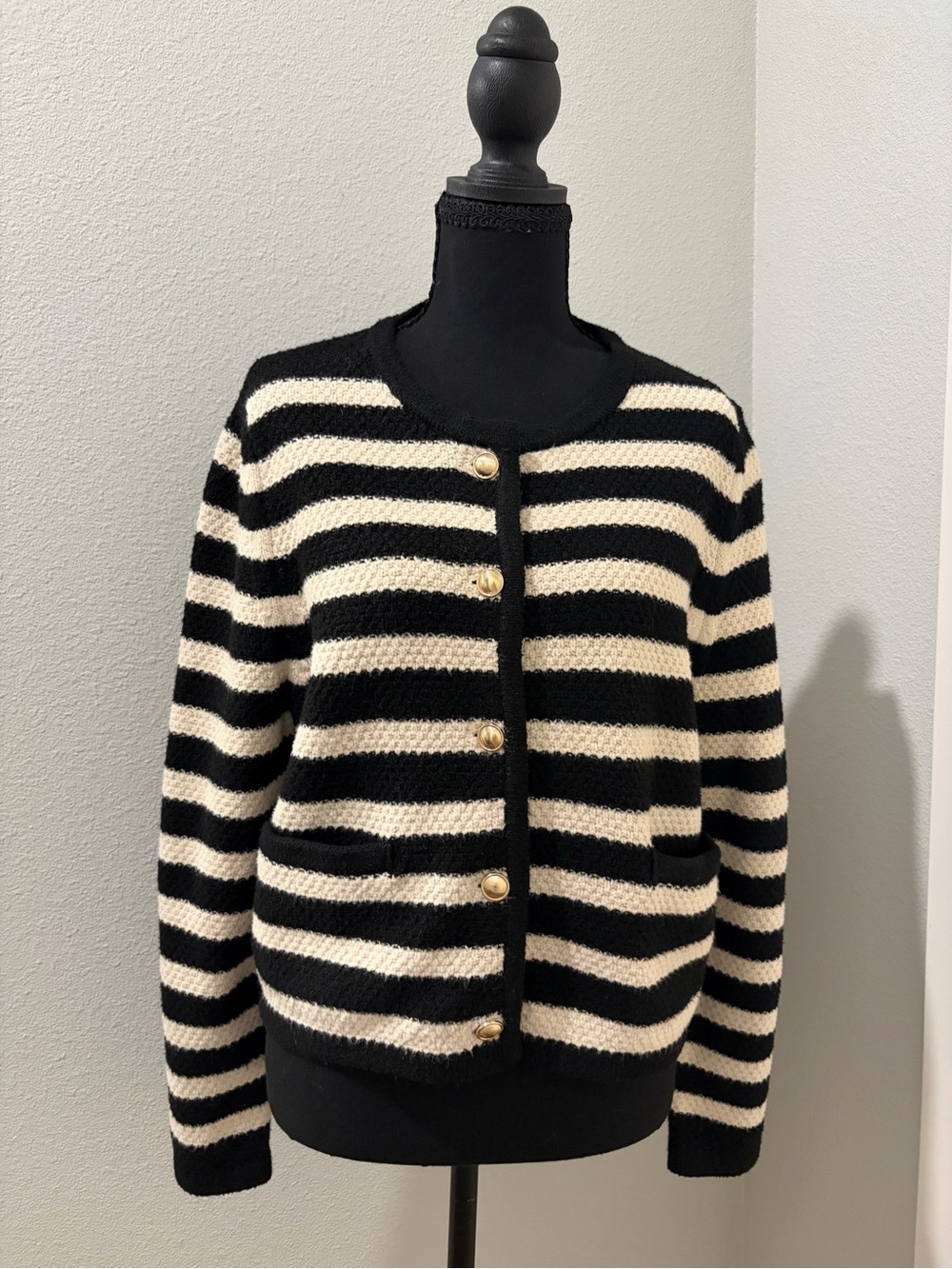 A New Day Black Cream Striped Lady Cardigan Gold Buttons L